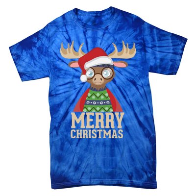 Hipster Moose Santa Hat Merry Christmas Funny Holiday Gift Tie-Dye T-Shirt