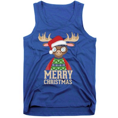 Hipster Moose Santa Hat Merry Christmas Funny Holiday Gift Tank Top