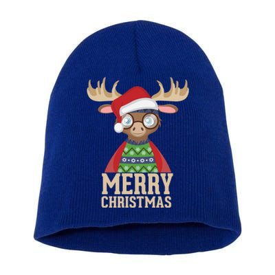 Hipster Moose Santa Hat Merry Christmas Funny Holiday Gift Short Acrylic Beanie