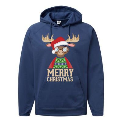 Hipster Moose Santa Hat Merry Christmas Funny Holiday Gift Performance Fleece Hoodie