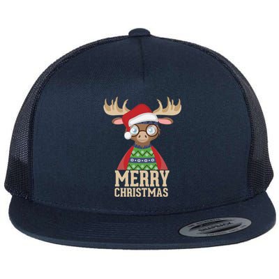 Hipster Moose Santa Hat Merry Christmas Funny Holiday Gift Flat Bill Trucker Hat