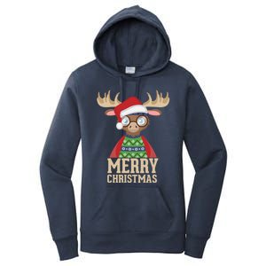 Hipster Moose Santa Hat Merry Christmas Funny Holiday Gift Women's Pullover Hoodie