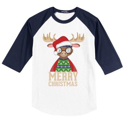 Hipster Moose Santa Hat Merry Christmas Funny Holiday Gift Baseball Sleeve Shirt