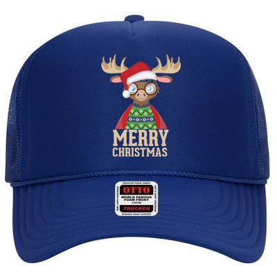 Hipster Moose Santa Hat Merry Christmas Funny Holiday Gift High Crown Mesh Back Trucker Hat