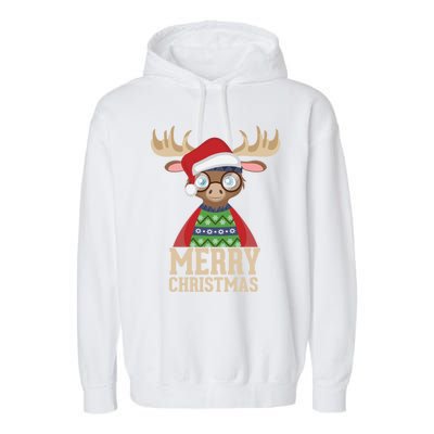 Hipster Moose Santa Hat Merry Christmas Funny Holiday Gift Garment-Dyed Fleece Hoodie