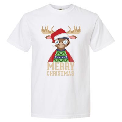 Hipster Moose Santa Hat Merry Christmas Funny Holiday Gift Garment-Dyed Heavyweight T-Shirt