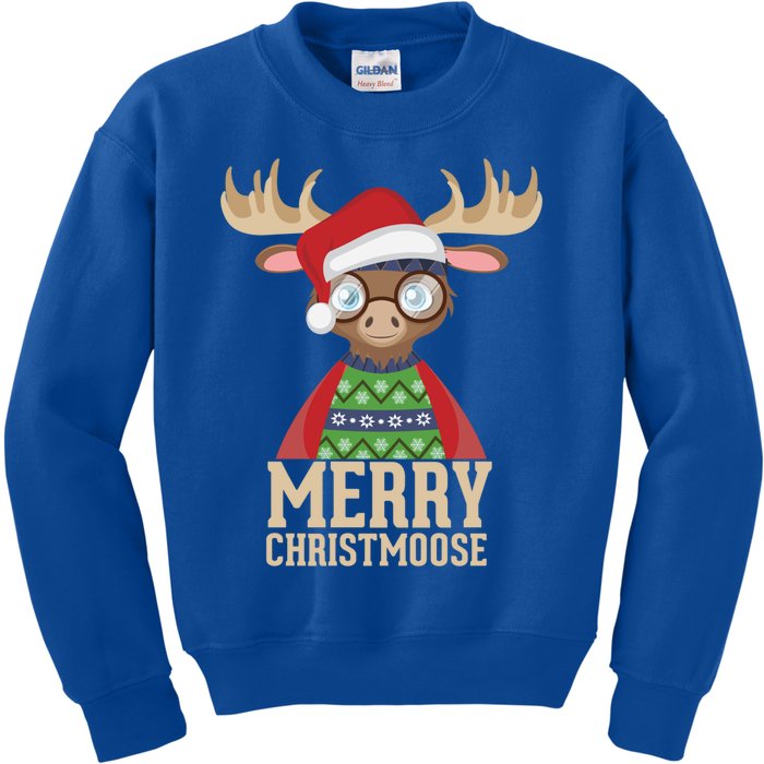 Hipster Moose Santa Hat Merry Christmoose Christmas Great Gift Kids Sweatshirt