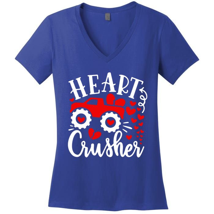 Heart Monster Truck Crusher Cute Gift Funny Valentine's Day Gift Women's V-Neck T-Shirt