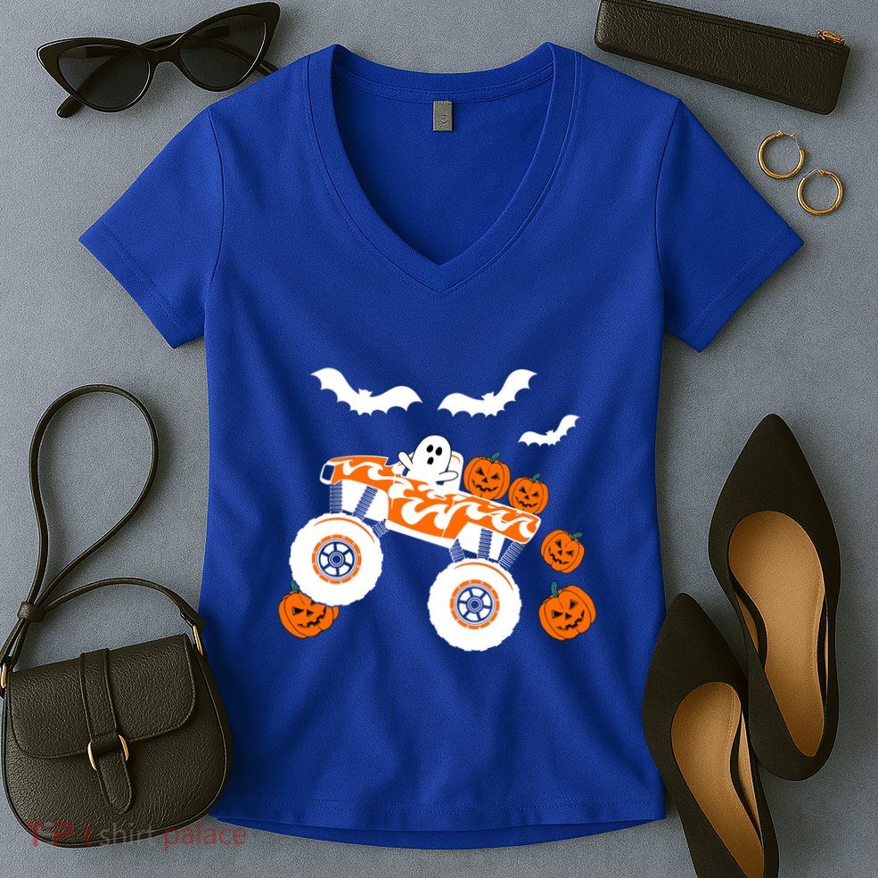 Halloween Monster Truck Ghost S Costume Gift Women's V-Neck T-Shirt