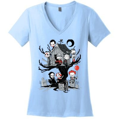 Horror Movie Tree House Funny Halloween Women's V-Neck T-Shirt