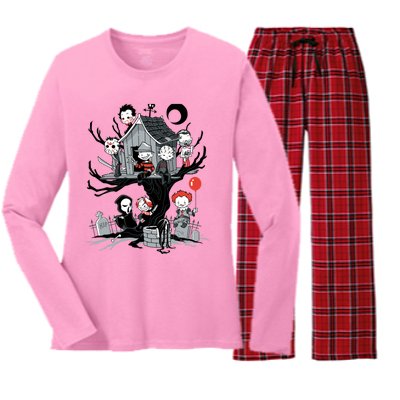 Horror Movie Tree House Funny Halloween Women's Long Sleeve Flannel Pajama Set 