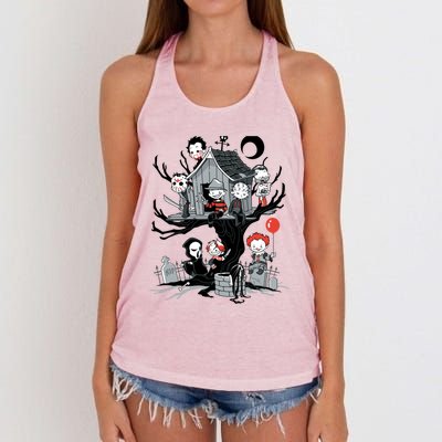 Horror Movie Tree House Funny Halloween Women's Knotted Racerback Tank