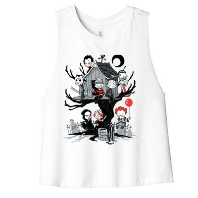 Horror Movie Tree House Funny Halloween Women's Racerback Cropped Tank