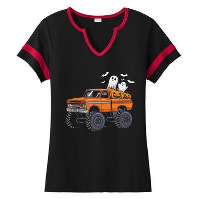 Halloween Monster Truck Ghost Pumpkin Ladies Halftime Notch Neck Tee