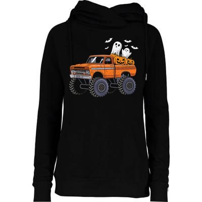 Halloween Monster Truck Ghost Pumpkin Womens Funnel Neck Pullover Hood