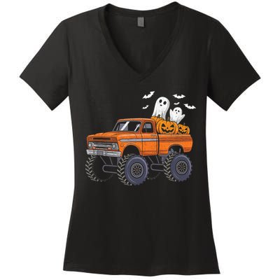 Halloween Monster Truck Ghost Pumpkin Women's V-Neck T-Shirt