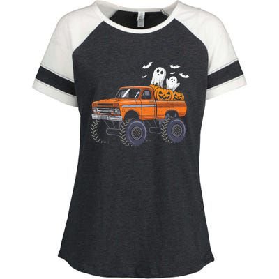 Halloween Monster Truck Ghost Pumpkin Enza Ladies Jersey Colorblock Tee