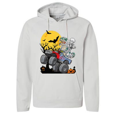 Halloween Monster Truck Pumpkin Mummy Dinosaur T Rex Performance Fleece Hoodie