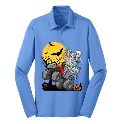 Halloween Monster Truck Pumpkin Mummy Dinosaur T Rex Silk Touch Performance Long Sleeve Polo