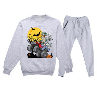 Halloween Monster Truck Pumpkin Mummy Dinosaur T Rex Premium Crewneck Sweatsuit Set