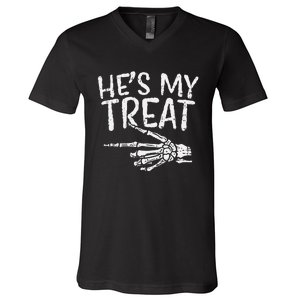 Hes My Treat Skeleton Matching Couple Halloween V-Neck T-Shirt