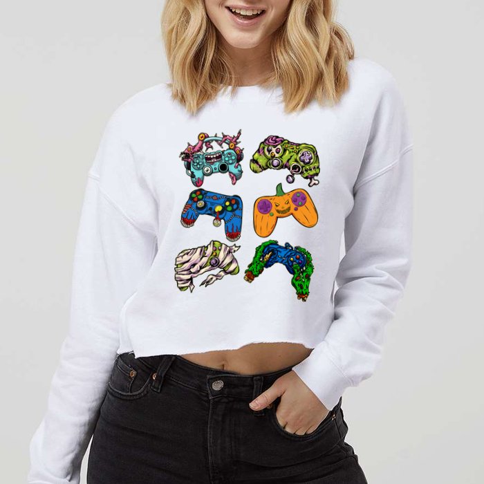 Halloween Monster Video Game Controllers Cropped Pullover Crew