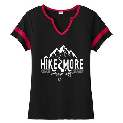 Hike More Worry Less Funny Nature Lovers Hiking Mountains Ladies Halftime Notch Neck Tee