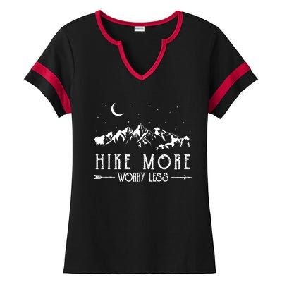 Hike More Worry Less Funny Nature Lovers Hiking Mountains Ladies Halftime Notch Neck Tee