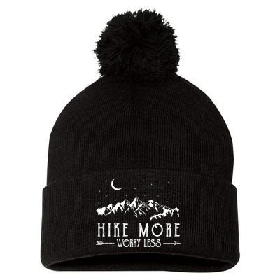Hike More Worry Less Funny Nature Lovers Hiking Mountains Pom Pom 12in Knit Beanie
