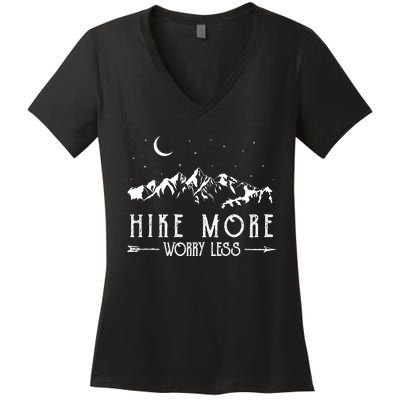 Hike More Worry Less Funny Nature Lovers Hiking Mountains Women's V-Neck T-Shirt