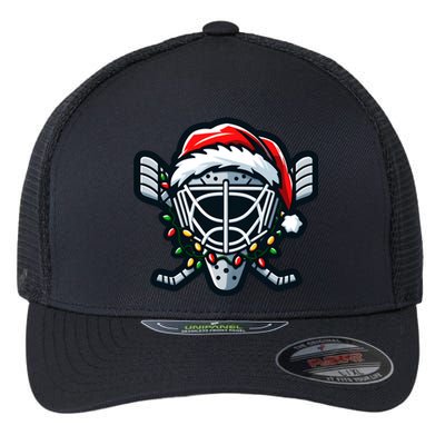 Hockey Mask With Santa Hat Christmas Lights Gift Flexfit Unipanel Trucker Cap