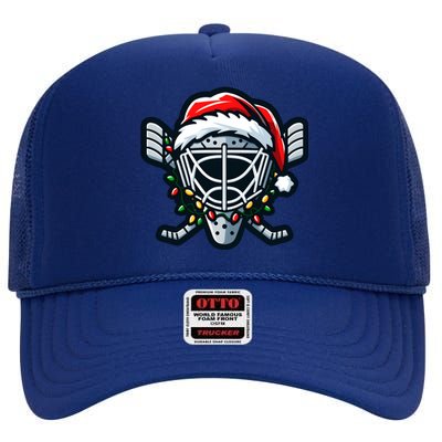 Hockey Mask With Santa Hat Christmas Lights Gift High Crown Mesh Back Trucker Hat