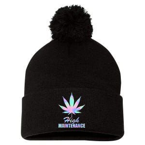 High Maintenance Weed Cannabis Pocket 420 THC Stoner Gift Pom Pom 12in Knit Beanie