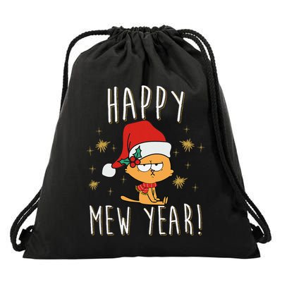 Happy Mew Year 2025 Funny Cat New Years Eve Party Supplies Drawstring Bag
