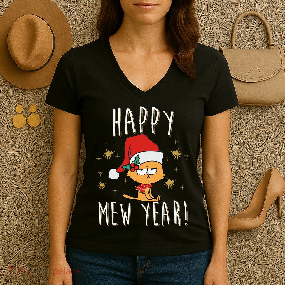 Happy Mew Year 2025 Funny Cat New Years Eve Party Supplies Women's V-Neck T-Shirt