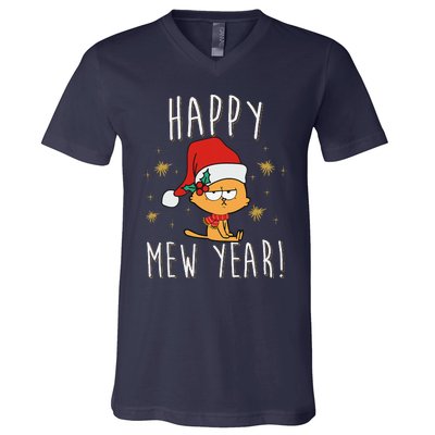 Happy Mew Year 2025 Funny Cat New Years Eve Party Supplies V-Neck T-Shirt