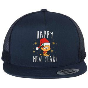 Happy Mew Year 2025 Funny Cat New Years Eve Party Supplies Flat Bill Trucker Hat