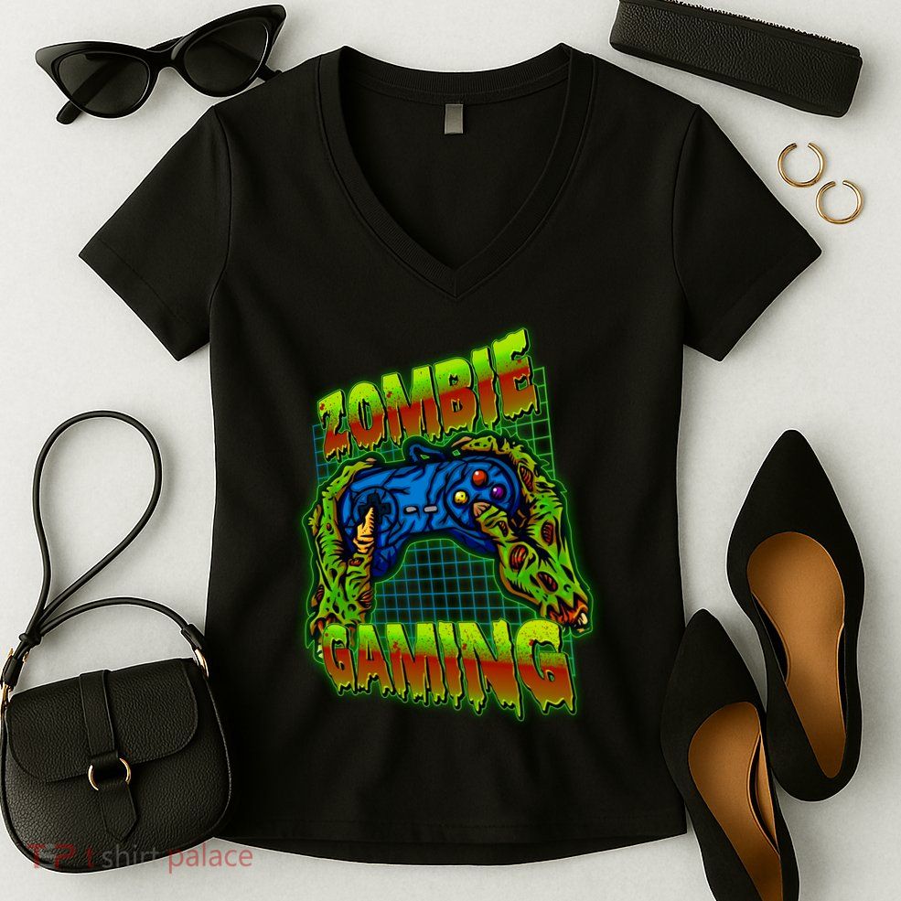 Halloween Monster Zombie Gaming Video Gamer Addict Women's V-Neck T-Shirt
