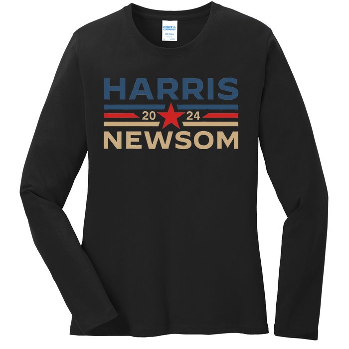 Harris Newsom 2024 Retro Vintage Vote President Vp Democrats Ladies Long Sleeve Shirt