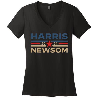 Harris Newsom 2024 Retro Vintage Vote President Vp Democrats Women's V-Neck T-Shirt