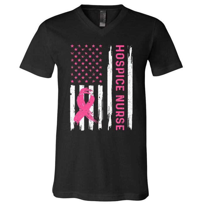 Hospice Nurse American Flag Nurse Breast Cancer Awareness V-Neck T-Shirt