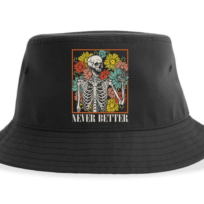 Halloween Never Better Skeleton Floral Skull Funny Sustainable Bucket Hat