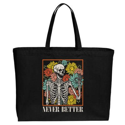 Halloween Never Better Skeleton Floral Skull Funny Cotton Canvas Jumbo Tote