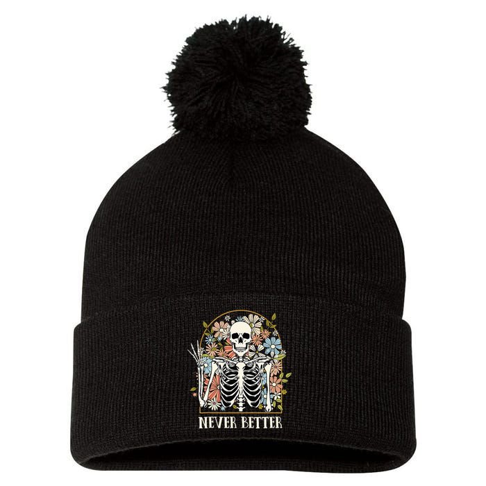 Halloween Never Better Skeleton Floral Skull Pom Pom 12in Knit Beanie