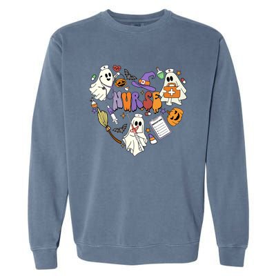 Heart Nurse Boo Ghost Groovy Spooky Season Retro Halloween Gift Garment-Dyed Sweatshirt