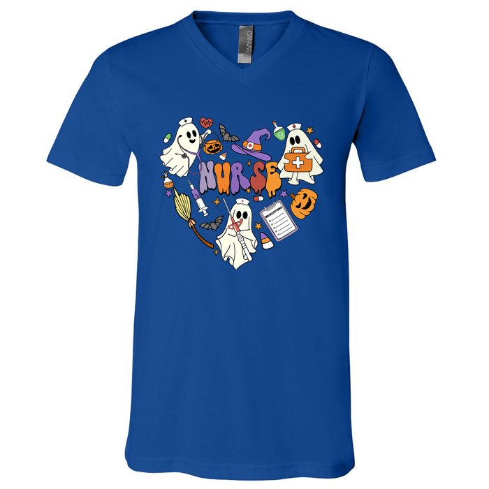 Heart Nurse Boo Ghost Groovy Spooky Season Retro Halloween Gift V-Neck T-Shirt