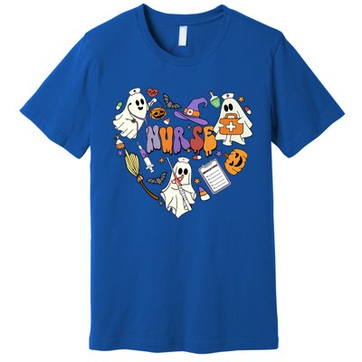 Heart Nurse Boo Ghost Groovy Spooky Season Retro Halloween Gift Premium T-Shirt