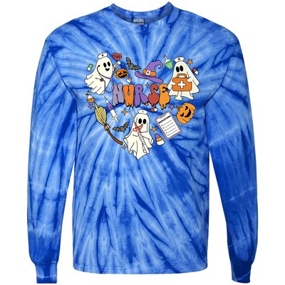 Heart Nurse Boo Ghost Groovy Spooky Season Retro Halloween Gift Tie-Dye Long Sleeve Shirt