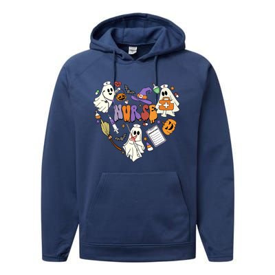 Heart Nurse Boo Ghost Groovy Spooky Season Retro Halloween Gift Performance Fleece Hoodie