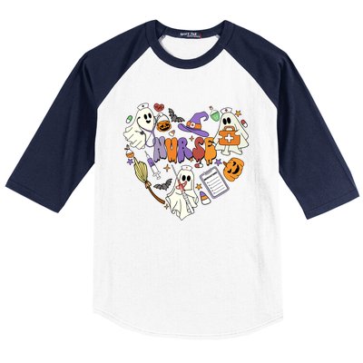 Heart Nurse Boo Ghost Groovy Spooky Season Retro Halloween Gift Baseball Sleeve Shirt